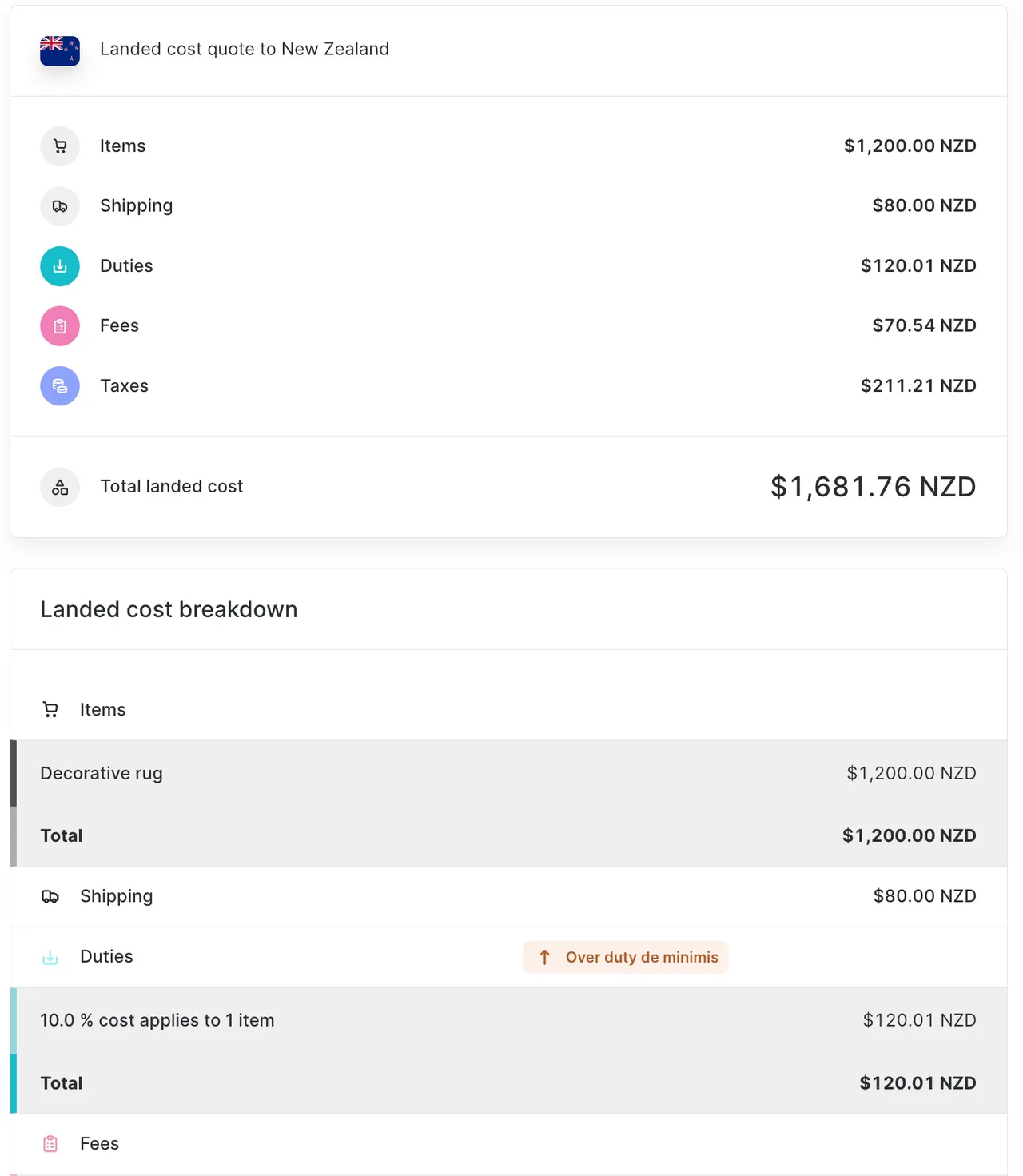 Landed cost quote for a shpment to New Zealand above the de
minimis